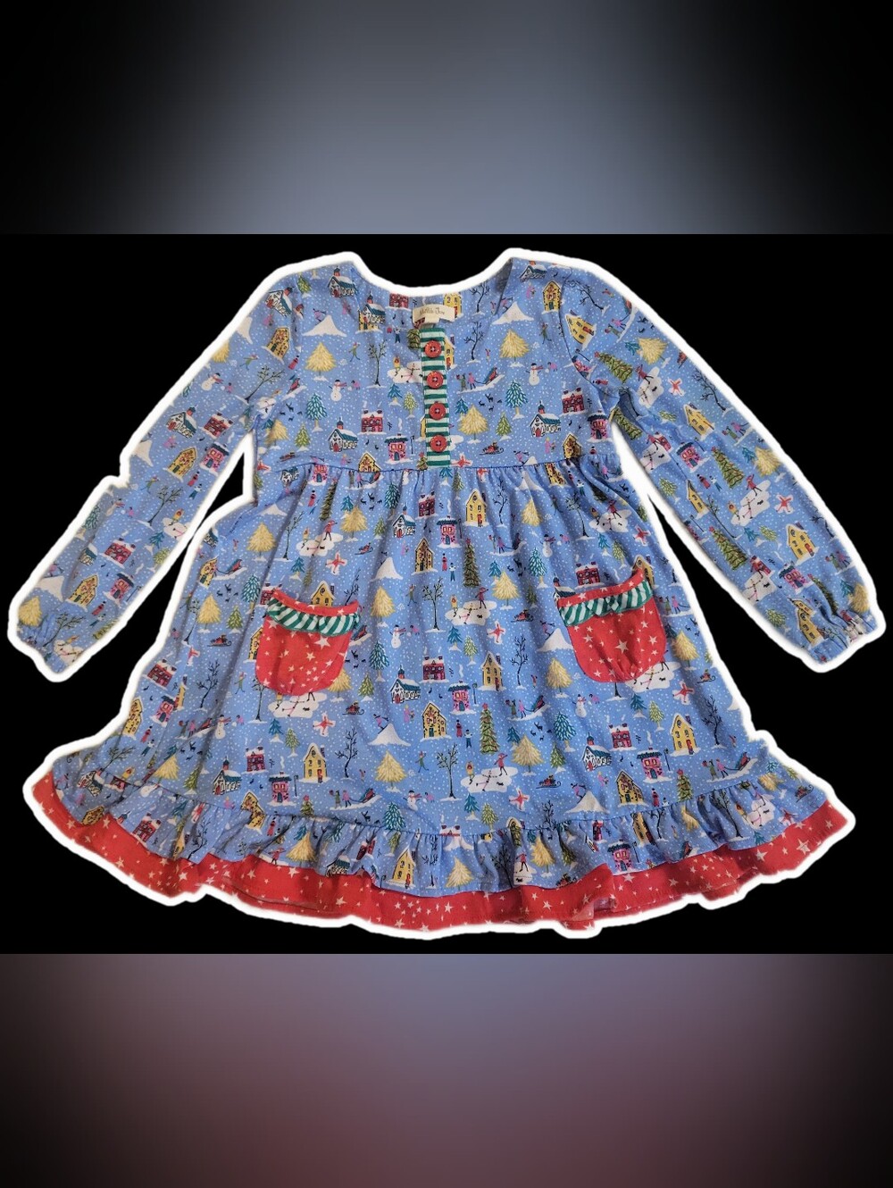Matilda Jane Blue Holiday Print Dress Nightgown with Red Button Accents